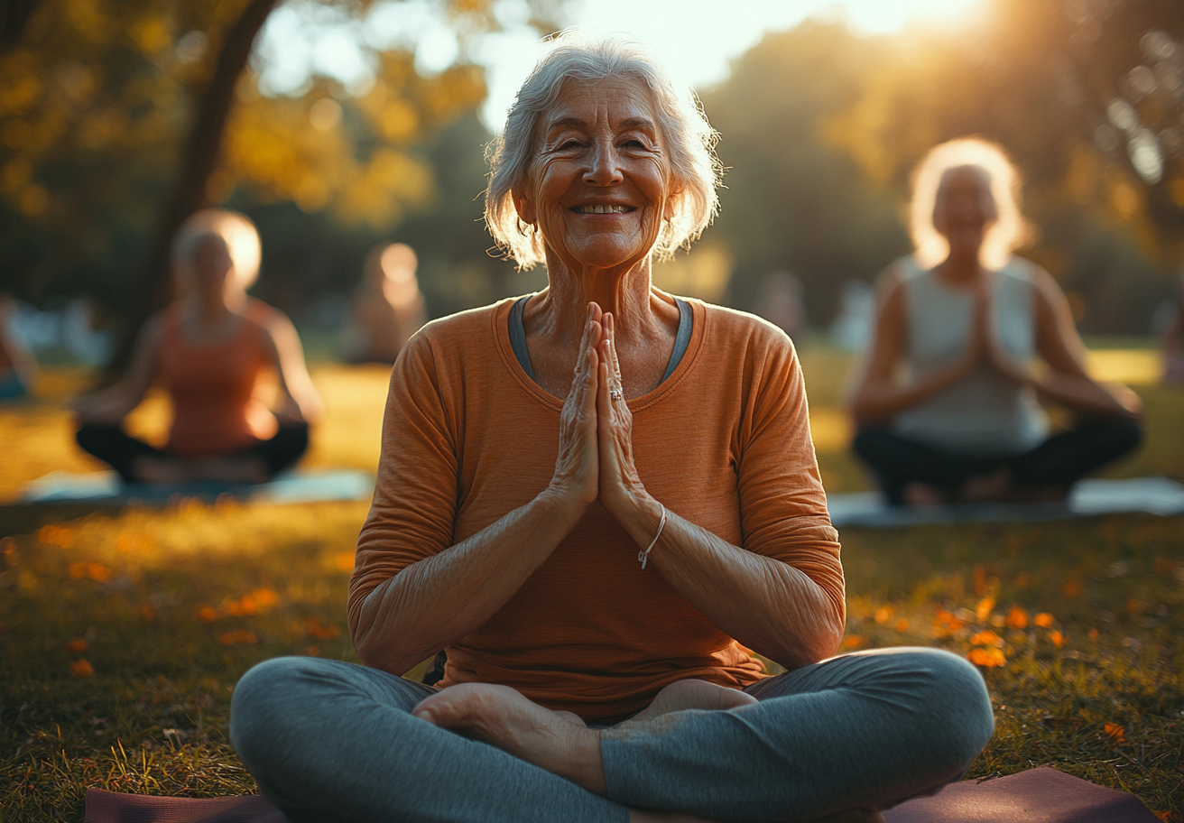 Grup de seniori practicând yoga în aer liber