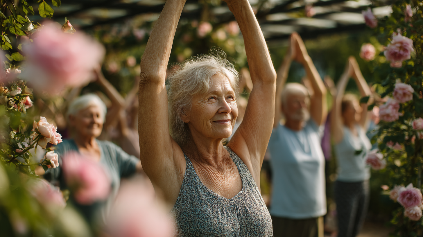 Participanți fericiți la o sesiune de yoga în grup